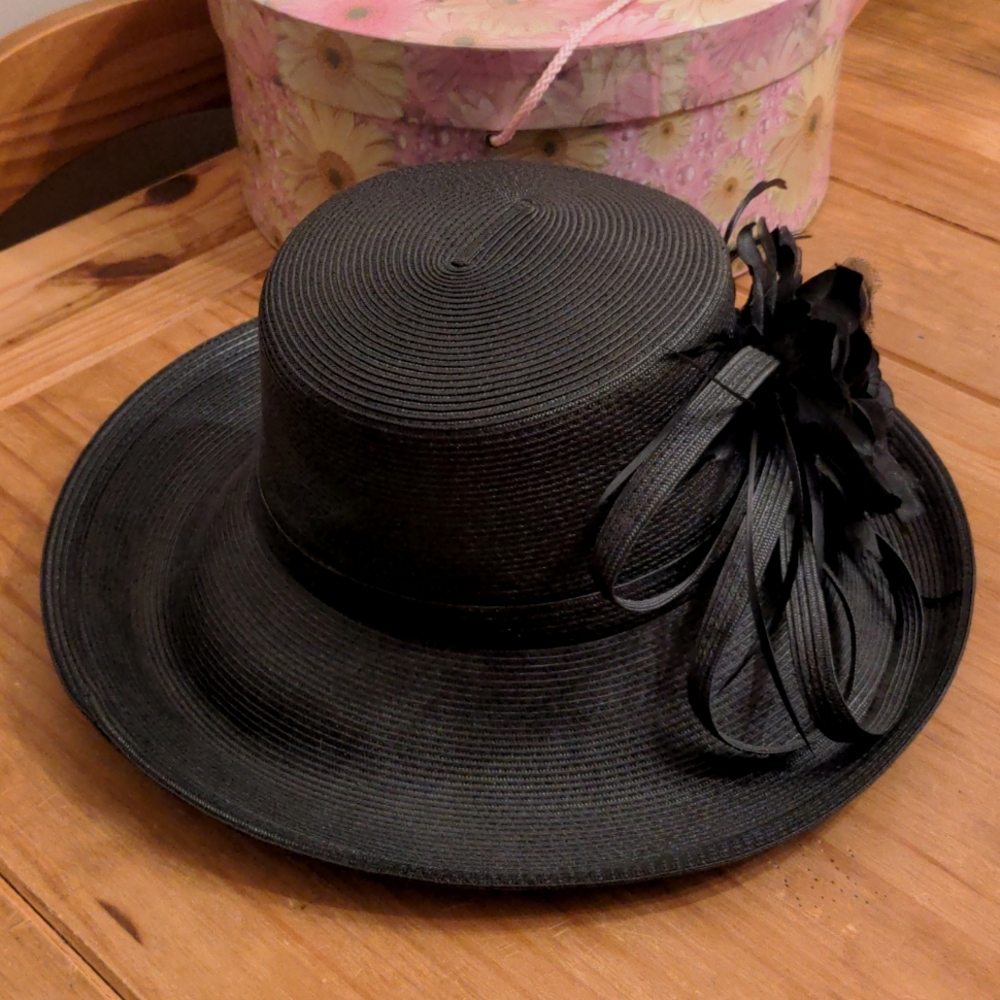 Women's Black Floral Embellished Wide Brimmed Hat by August Accessories
